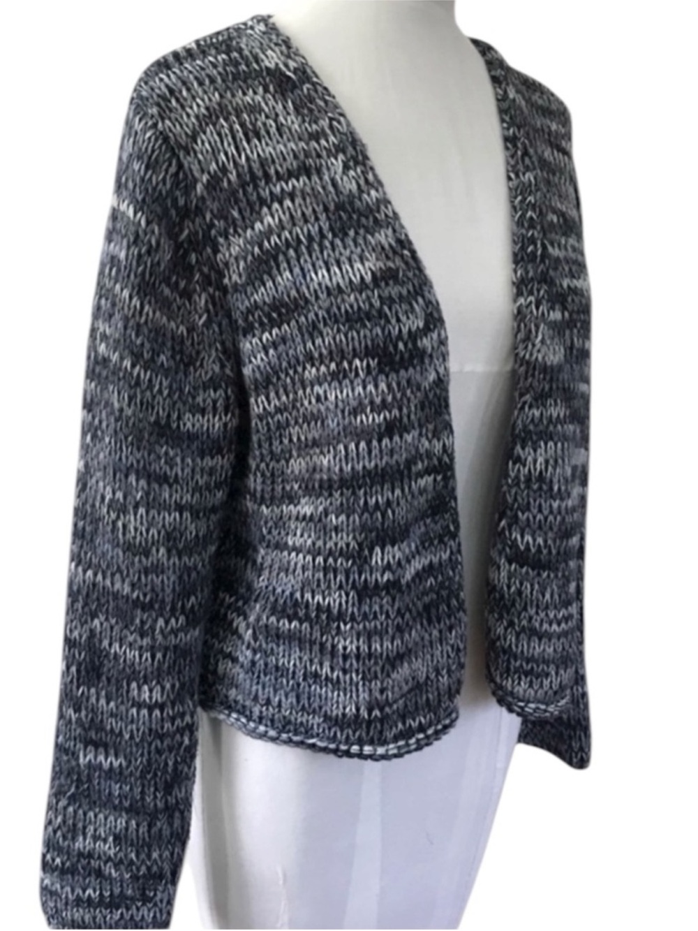 J. Jill Marled Blue Charcoal Cotton Cardigan Large Open Front Chunky Knit Cozy - Picture 5 of 15